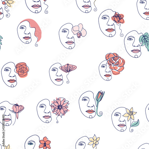 Woman face Continuous line seamless pattern. Abstract Female portrait with flowers. Drawing vector Wallpaper, fabric, wrapping paper, card, poster