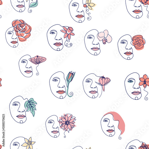 Woman face Continuous line seamless pattern. Abstract Female portrait with flowers. Drawing vector Wallpaper, fabric, wrapping paper, card, poster