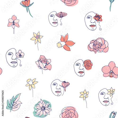 Woman face Continuous line seamless pattern. Abstract Female portrait with flowers. Drawing vector Wallpaper, fabric, wrapping paper, card, poster