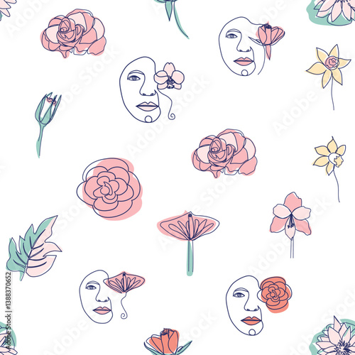 Woman face Continuous line seamless pattern. Abstract Female portrait with flowers. Drawing vector Wallpaper, fabric, wrapping paper, card, poster