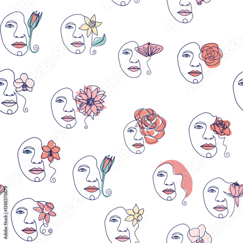 Woman face Continuous line seamless pattern. Abstract Female portrait with flowers. Drawing vector Wallpaper, fabric, wrapping paper, card, poster