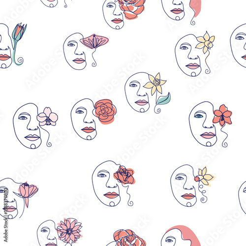 Woman face Continuous line seamless pattern. Abstract Female portrait with flowers. Drawing vector Wallpaper, fabric, wrapping paper, card, poster