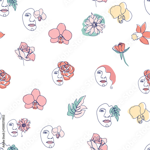 Woman face Continuous line seamless pattern. Abstract Female portrait with flowers. Drawing vector Wallpaper, fabric, wrapping paper, card, poster