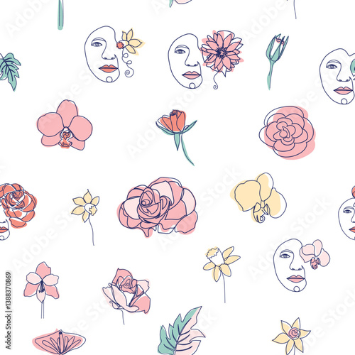 Woman face Continuous line seamless pattern. Abstract Female portrait with flowers. Drawing vector Wallpaper, fabric, wrapping paper, card, poster