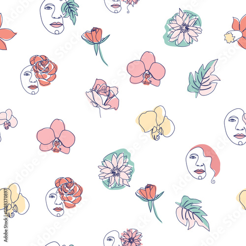 Woman face Continuous line seamless pattern. Abstract Female portrait with flowers. Drawing vector Wallpaper, fabric, wrapping paper, card, poster