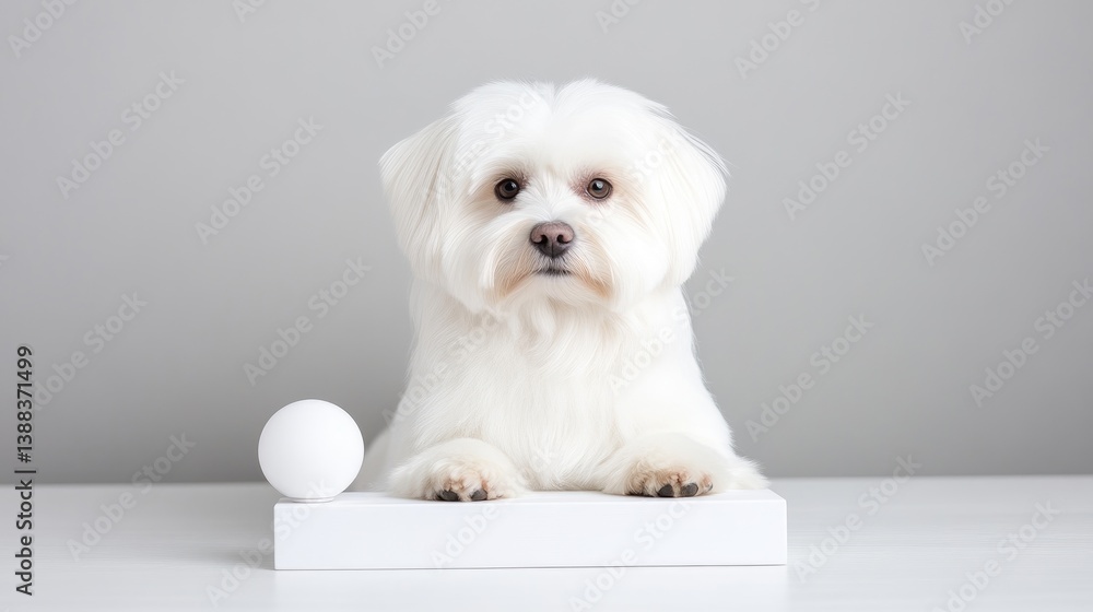 A fluffy white Maltese dog rests its paws on a white platform. A small white ball sits beside it. The image is well-lit, high-quality, and minimalist. The style is clean and modern. The color palet A fluffy white Maltese dog rests its paws on a white platform. A small white ball sits beside it. The image is well-lit, high-quality, and minimalist. The style is clean and modern. The color palet