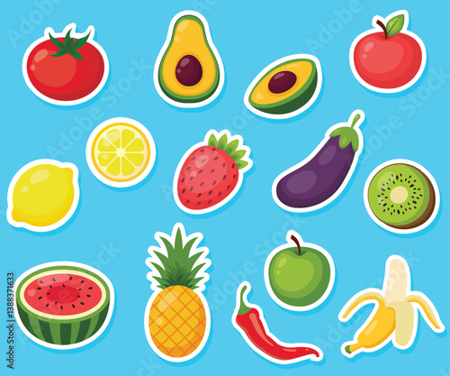 Set of stickers of fruits and vegetables. Hand drawn Vector illustration