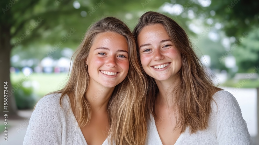 Two smiling young women with long blonde hair stand close together. They wear matching white tops. The outdoor setting is softly blurred, indicating a shallow depth of field. The photo is high-quali Two smiling young women with long blonde hair stand close together. They wear matching white tops. The outdoor setting is softly blurred, indicating a shallow depth of field. The photo is high-quali