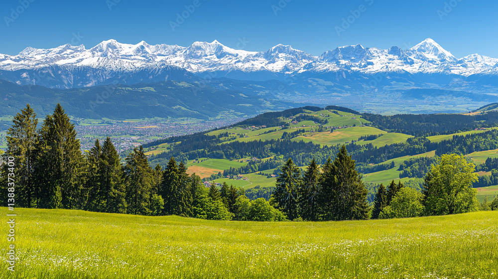 Obraz premium Stunning alpine landscape green meadow snow capped mountains blue sky.