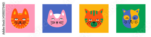 Vector playful set of colorful cat head avatars in flat cartoon style. Cute, funny and smiling kitten illustrations work perfectly for cards, posters, and pet themed designs.