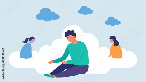 Floating Helplessness An individual sitting on a cloud looking down at a group of people on the ground reaching out for help but struggling to reach mental health resources.