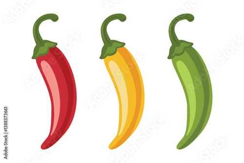 Chili Peppers Vector Set, Isolated. Red, Yellow, Green Hot Peppers, Spicy Food Ingredients, Mexican Cuisine, Fresh Organic Vegetables. Vector Illustration for Food Design