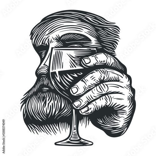Vintage Woodcut Style Male Portrait with Glass of Wine