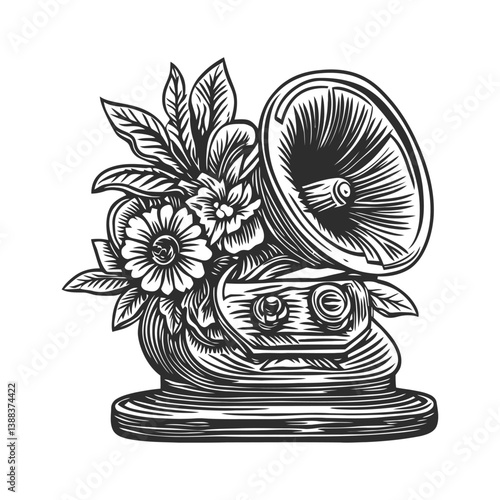Vintage Floral Gramophone Design with Intricate Engravings