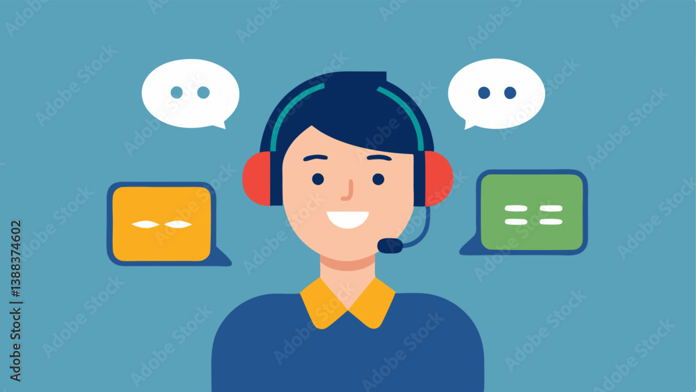 Customer Engagement A professional smiling while responding to customer inquiries on a headset with chat bubbles showing messages from clients. Customer Engagement A professional smiling while responding to customer inquiries on a headset with chat bubbles showing messages from clients.