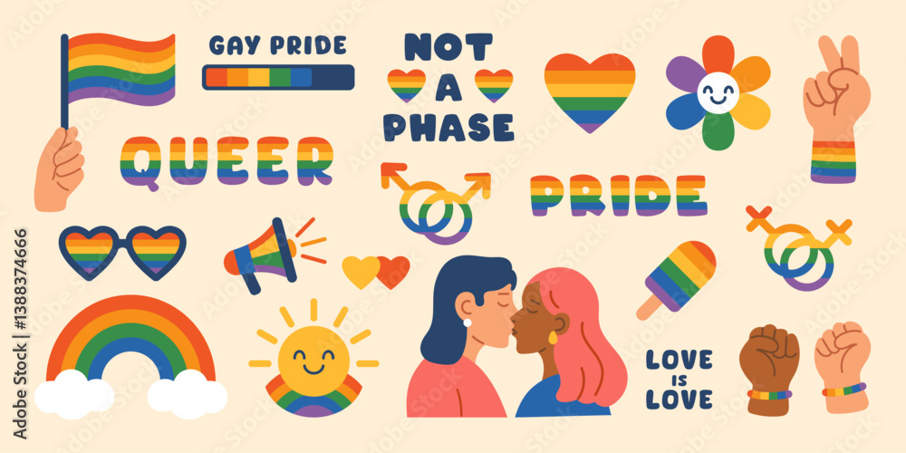 Fototapeta premium Vector LGBT trendy clipart set. Colorful cute modern collection of LGBTQ Pride elements. LGBTQ flags, gender signs, hearts and other gay community objects in rainbow colors. Lesbian girls.