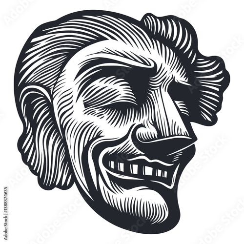 Vintage Style Monochrome Illustration of a Joyful Laughing Face