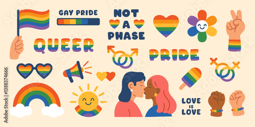 Vector LGBT trendy clipart set. Colorful cute modern collection of LGBTQ Pride elements. LGBTQ flags, gender signs, hearts and other gay community objects in rainbow colors. Lesbian girls.