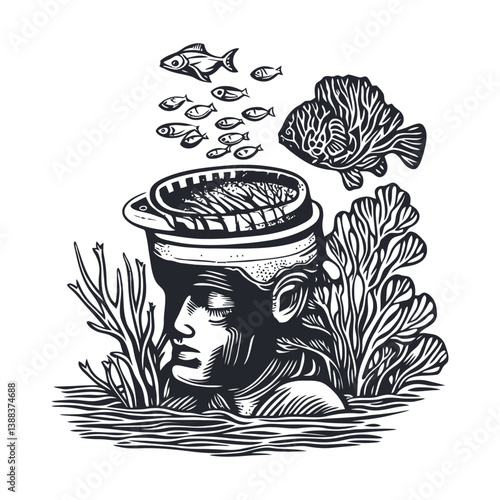 Surreal Illustration of Human Head with Underwater Elements and Fish