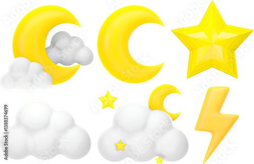 3d render of night sky icon, moonlight, moonshine, star, cloud, lightning