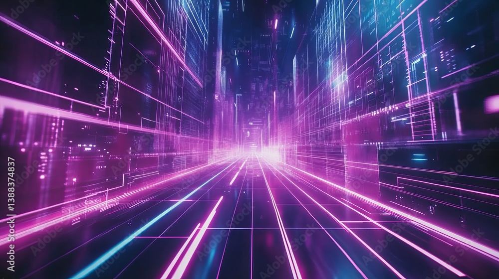 Abstract digital city with neon lights and futuristic architecture in pink and blue colors Abstract digital city with neon lights and futuristic architecture in pink and blue colors