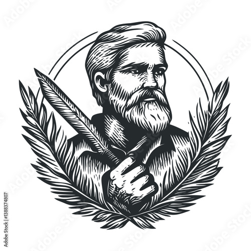 Vintage Portrait of Thoughtful Man Holding Knife Surrounded by Leaves