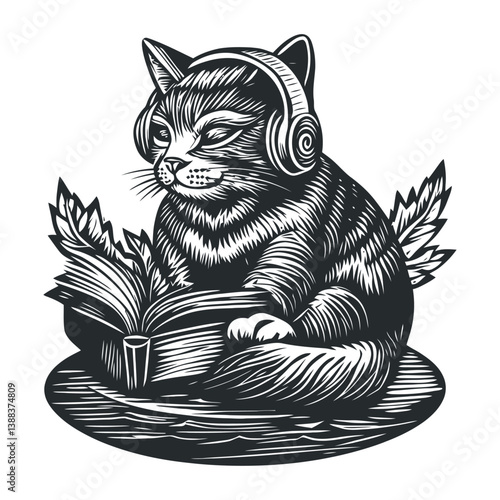 Cat with Headphones Reading Book in Artistic Woodcut Style