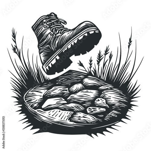 Boot Splashing in Puddle Surrounded by Grass and Rocks Artwork