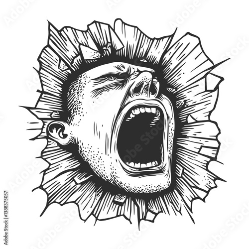 Intense Man Yelling with Energy Burst and Impact Effect Illustration