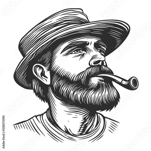 Thoughtful Man with Pipe and Hat in Vintage Style Illustration