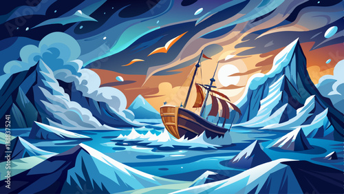 A lonely ship trapped in a sea of ice, surrounded by frozen waves and biting wind.
