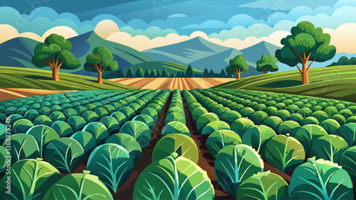 cabbage plantations grow in the field. vegetable rows. farming, agriculture. Landscape with agricultural land. crops. selective focus