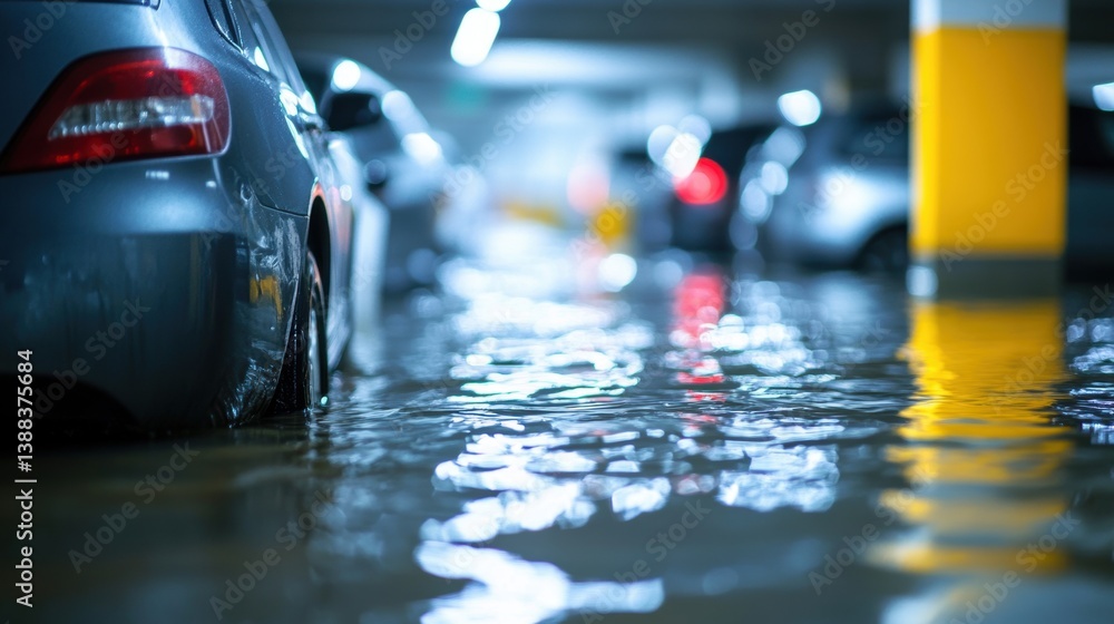 Cars in flood water in public parking garage. Water damage from flood disaster.
