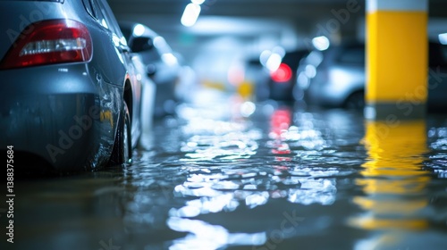 Obraz na płótnie Cars in flood water in public parking garage. Water damage from flood disaster. w salonie