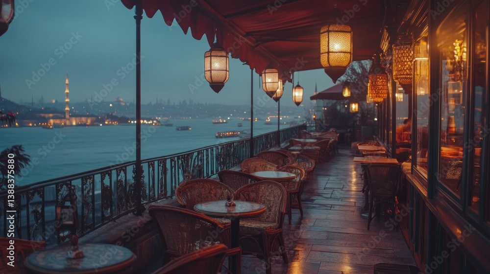 Fototapeta premium Outdoor Cafe Terrace View in Istanbul with Lanterns at Twilight