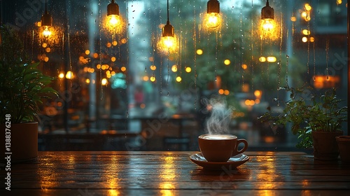 A warm lofi coffee shop at night, dimly lit by golden hanging lights, rain softly tapping on the window, a cozy steaming cup on a wooden table, jazz playing in the background,