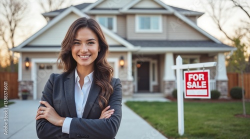 Smiling female real estate agent standing in front of house for sale