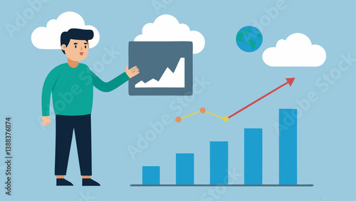 Data Graphs An illustration featuring a large screen showing rising and falling carbon emissions data with an analyst using a pointer to highlight key areas of concern.