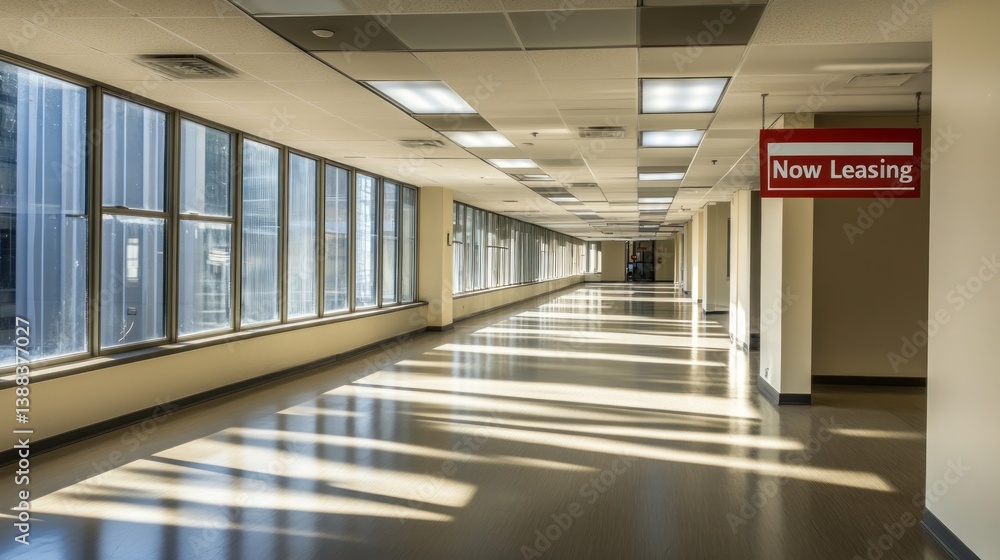 Walking Through Long Bright Hallway with Office Leasing Sign Available Walking Through Long Bright Hallway with Office Leasing Sign Available