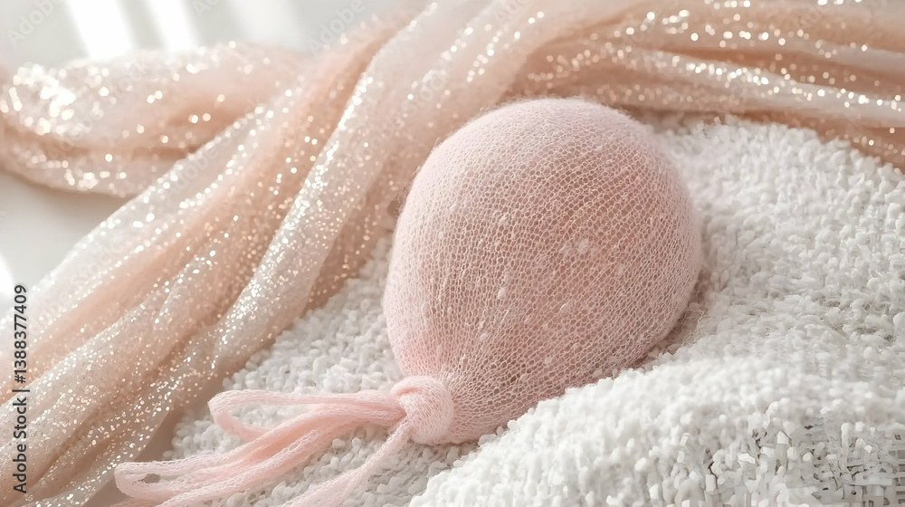 Fototapeta premium Pink knitted newborn photo prop balloon on textured fabrics, studio backdrop