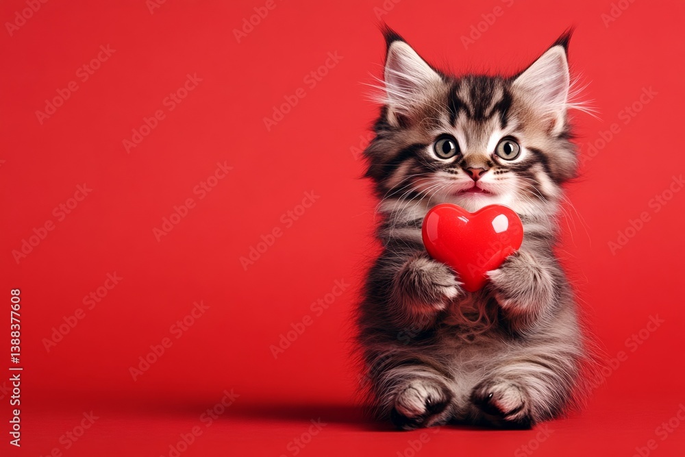 Cute maine coon kitty with fluffy red heart - emblem of love, funny greeting card. Digital ads conceptual art creative artwork. Maine coon - my beloved cat. Valentine's cat. Romantic cat art. Cute maine coon kitty with fluffy red heart - emblem of love, funny greeting card. Digital ads conceptual art creative artwork. Maine coon - my beloved cat. Valentine's cat. Romantic cat art.
