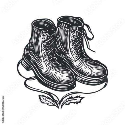 Vintage Style Hand-Drawn Work Boots with Laces on a Leaf Base