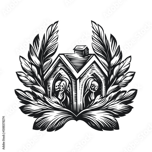 Vintage Style Engraving of House with Skulls and Leafy Frame