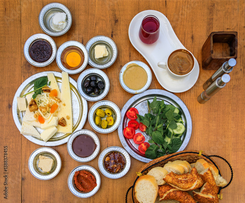 Traditional Turkish breakfast spread, kahvalti at a restaurant, Istanbul, Turkey