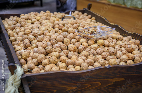 Bulk walnuts in shell for sale at an Istanbul bazaar market in Istanbul, Turkey