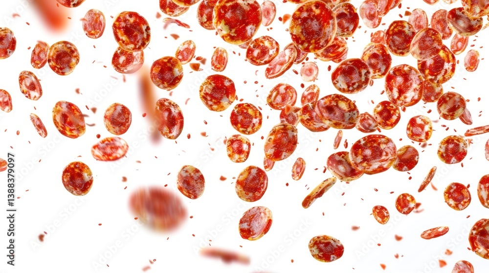 Fototapeta premium Pepperoni Slices Falling Against White Background Creating a Dynamic Food Pattern