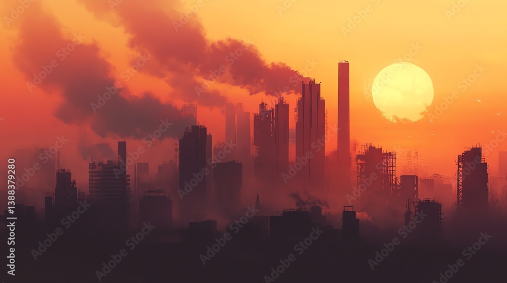 City Skyline Silhouette with Factory Smoke and Setting Sun Illustration City Skyline Silhouette with Factory Smoke and Setting Sun Illustration
