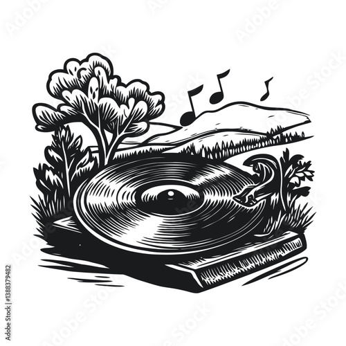Vinyl Record Player in Nature with Musical Notes and Landscape
