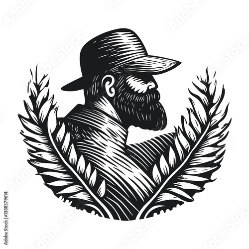 Vintage Style Illustration of a Bearded Man with Hat and Leaves