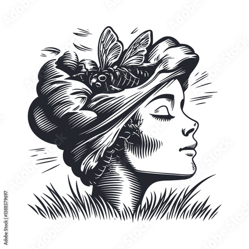 Elegant Young Woman with Floral Headpiece and Butterfly Design